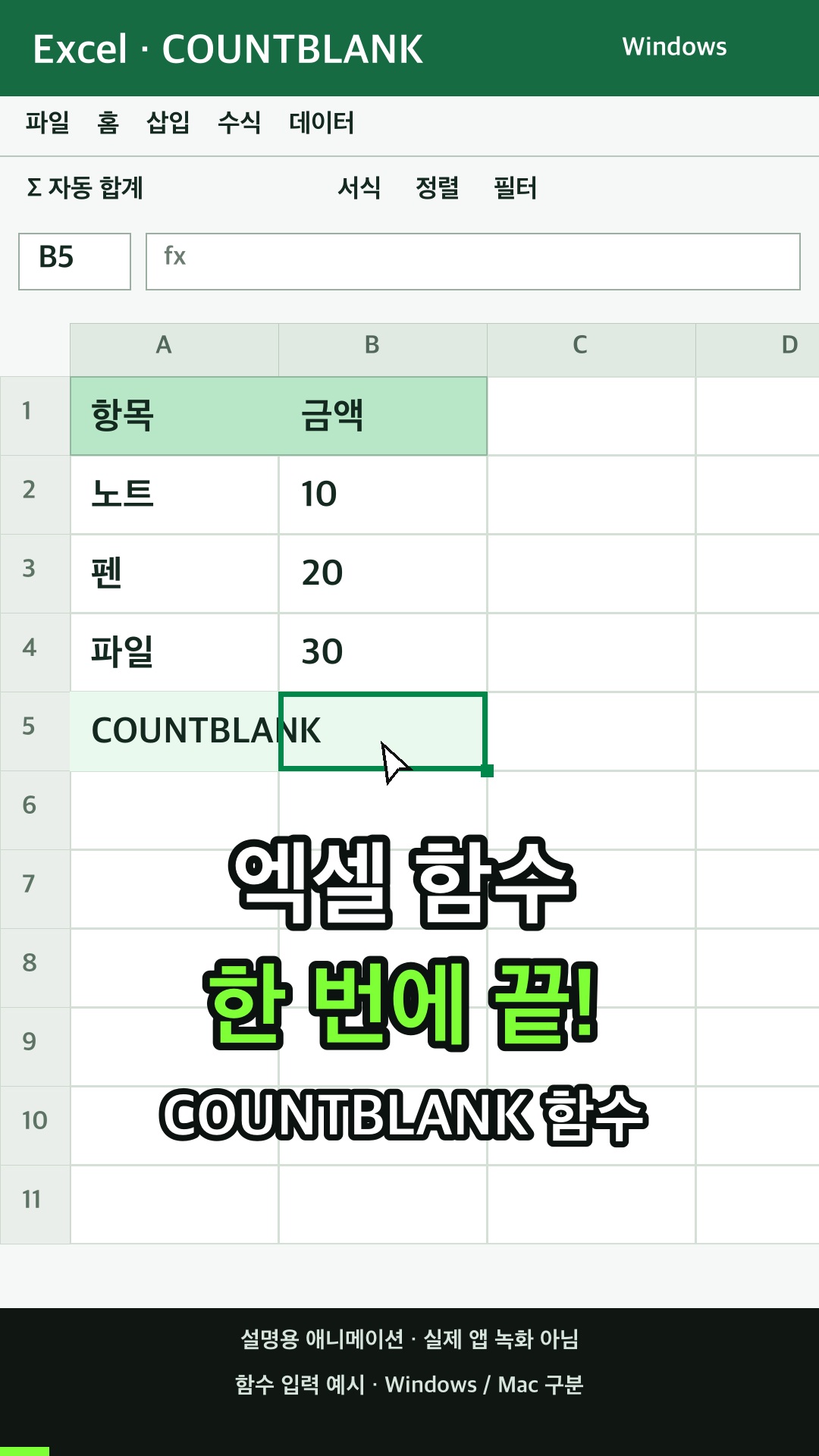 COUNTBLANK 함수 사용하기 설명용 예시